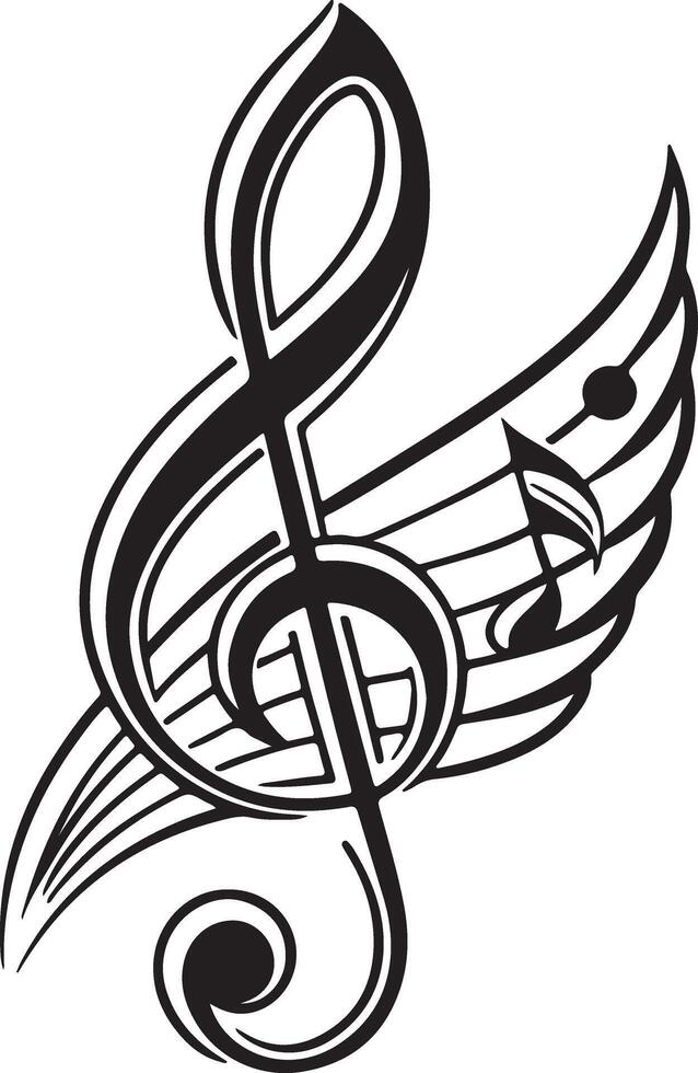 Dramatic Black and White Treble Clef with Wings Design, Artistic Music Note Tattoo Inspiration, Elegant Musical Symbol vector