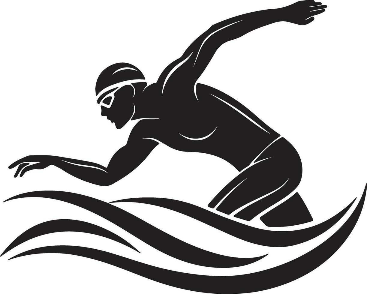 Powerful Swimmer Silhouette Dynamic Freestyle Stroke in Ocean Waves, Dramatic Black and White Aquatic Art vector