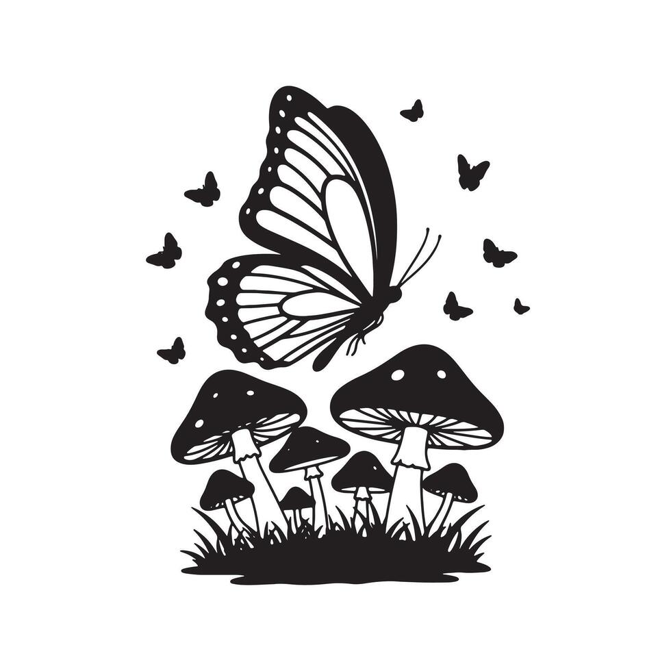 Enchanting Black and White Butterfly Hovering Over a Cluster of Mushrooms in a Mystical Forest Setting vector