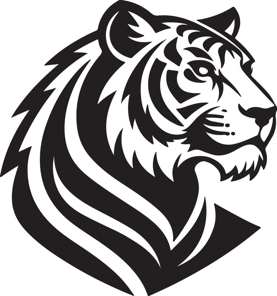 Majestic Stylized Tiger Head Profile, Powerful Black and White Tribal Design, Fierce and Elegant Animal Artwork, Bold Graphic Illustration vector