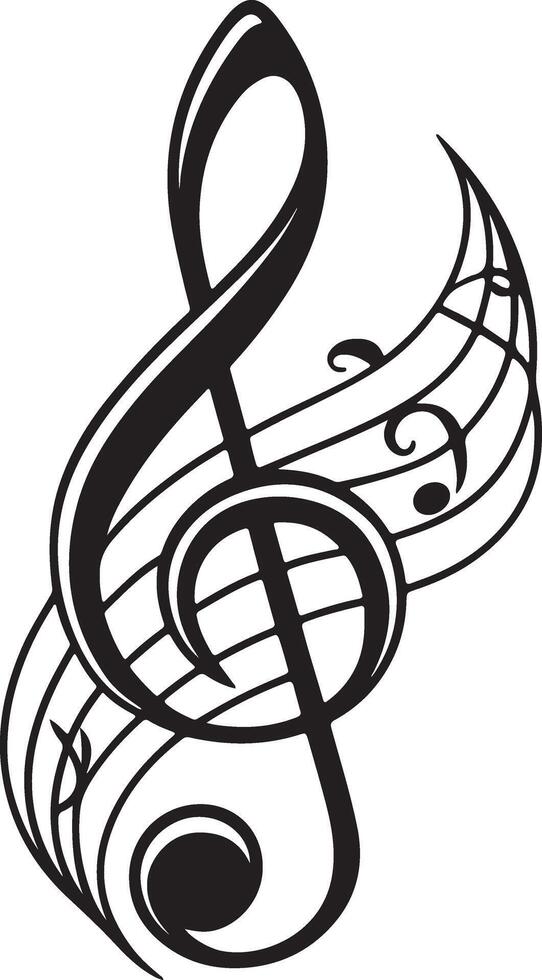 Elegant Black Treble Clef with Musical Notes Swirls Design, Artistic Music Symbol, White Background, Stylish Graphic vector