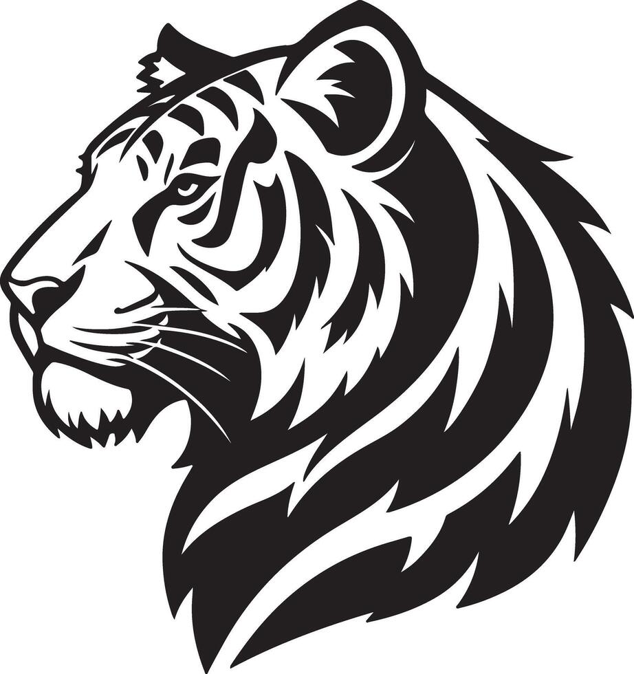 Majestic Bengal Tiger Head Profile Powerful, Stylized Black and White Illustration, Wild Animal Art - Professional digital artwork with vibrant colors and detailed composition vector