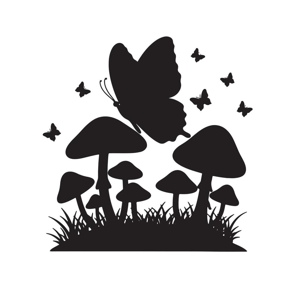 Serene Black Silhouette of Butterfly Hovering Over Magical Mushroom Patch in Enchanting Forest - Professional digital artwork with vibrant colors and detailed composition vector