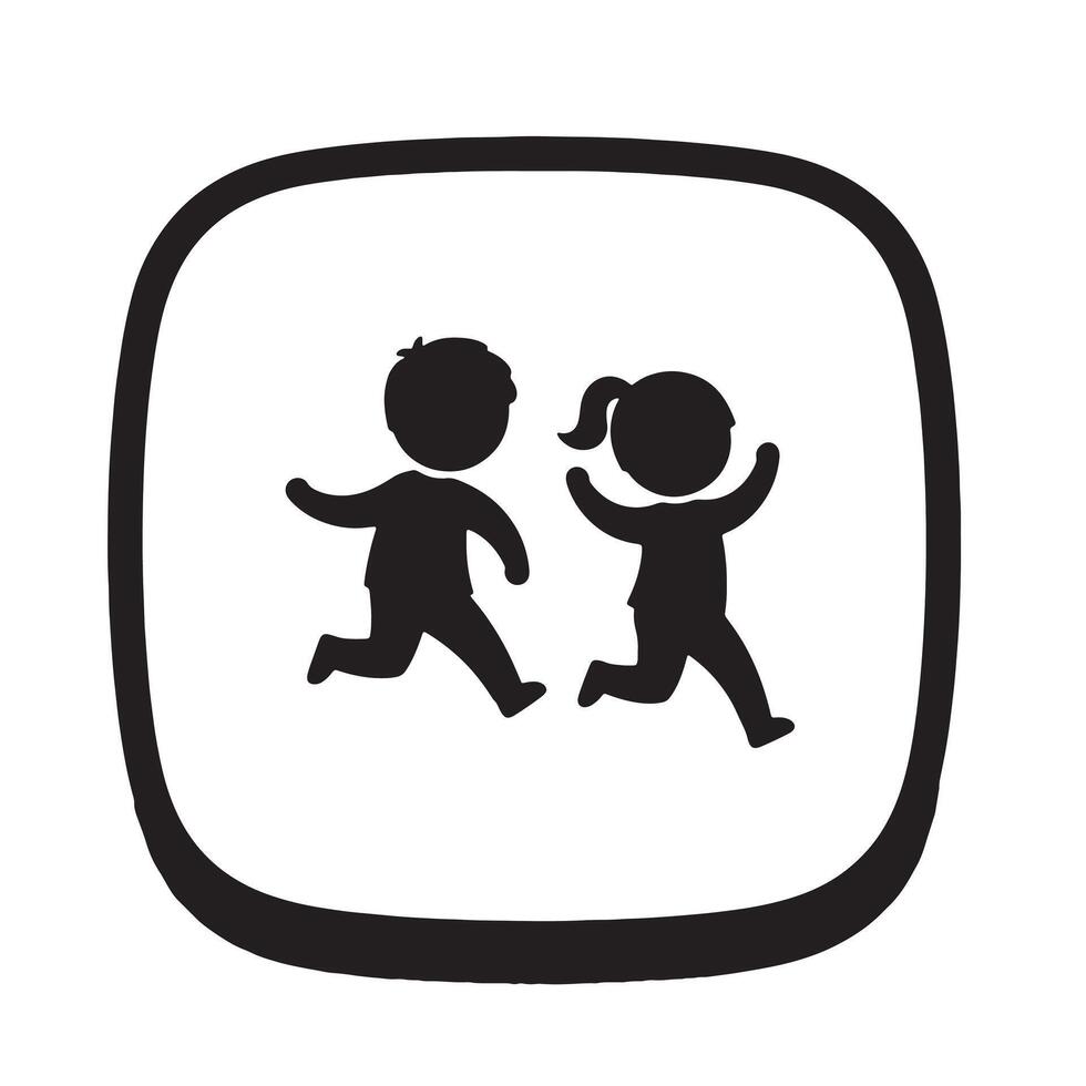 Joyful Children Running Playfully in a Black and White Icon, Representing Childhood Fun and Energy vector