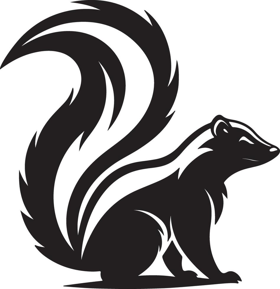 Majestic Skunk with Striking Tail, Sitting Calmly in Monochrome Style, Wild Animal Illustration, Nature Graphic vector