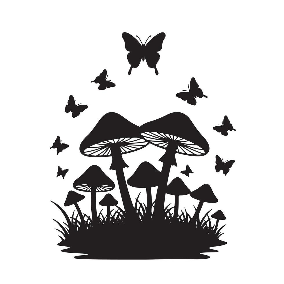 Enchanting Silhouette of Mushrooms and Butterflies in a Mystical Forest Scene, Dark Fantasy Art - Professional digital artwork with vibrant colors and detailed composition vector