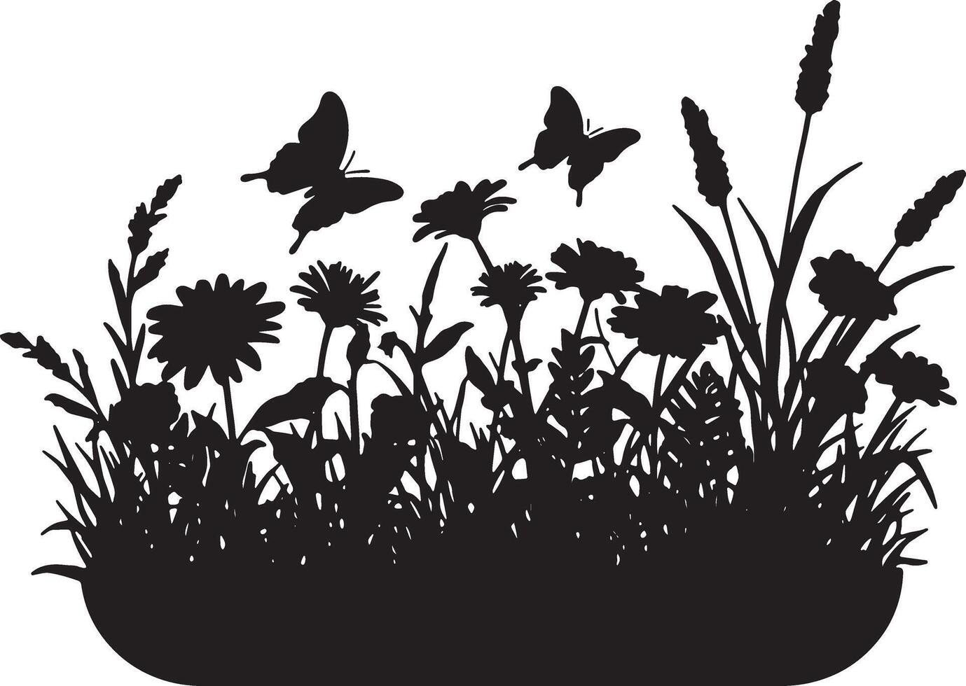 Serene Black Silhouette of Butterflies and Flowers Dancing in a Lush Meadow, Peaceful Nature Scene vector