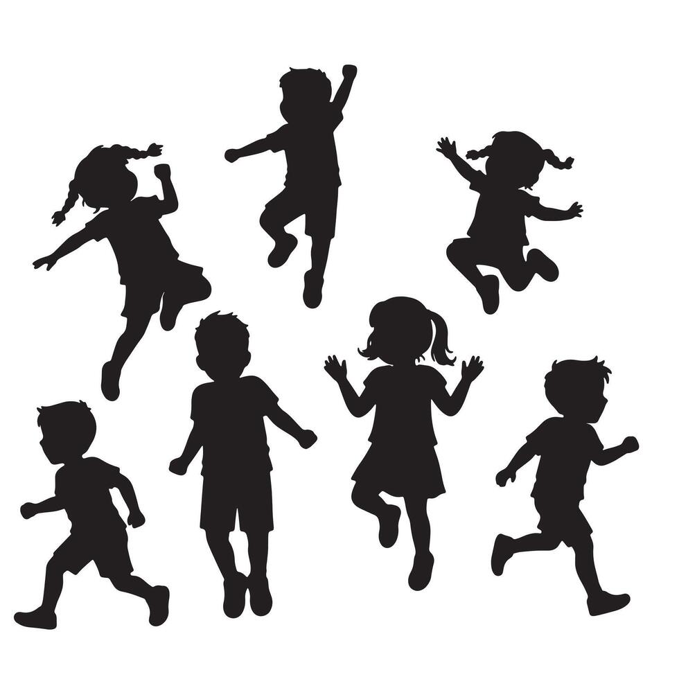 Joyful Children Silhouettes Playful Kids Jumping and Running in a Cheerful White Setting - Professional digital artwork with vibrant colors and detailed composition vector