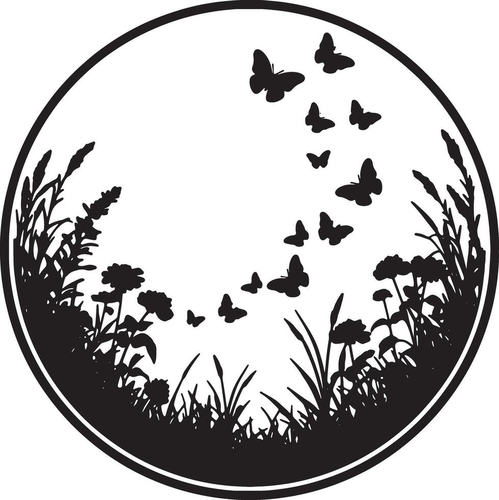 Serene Black and White Circular Design Butterflies Dancing Amidst Silhouetted Meadow Flowers - Professional digital artwork with vibrant colors and detailed composition vector