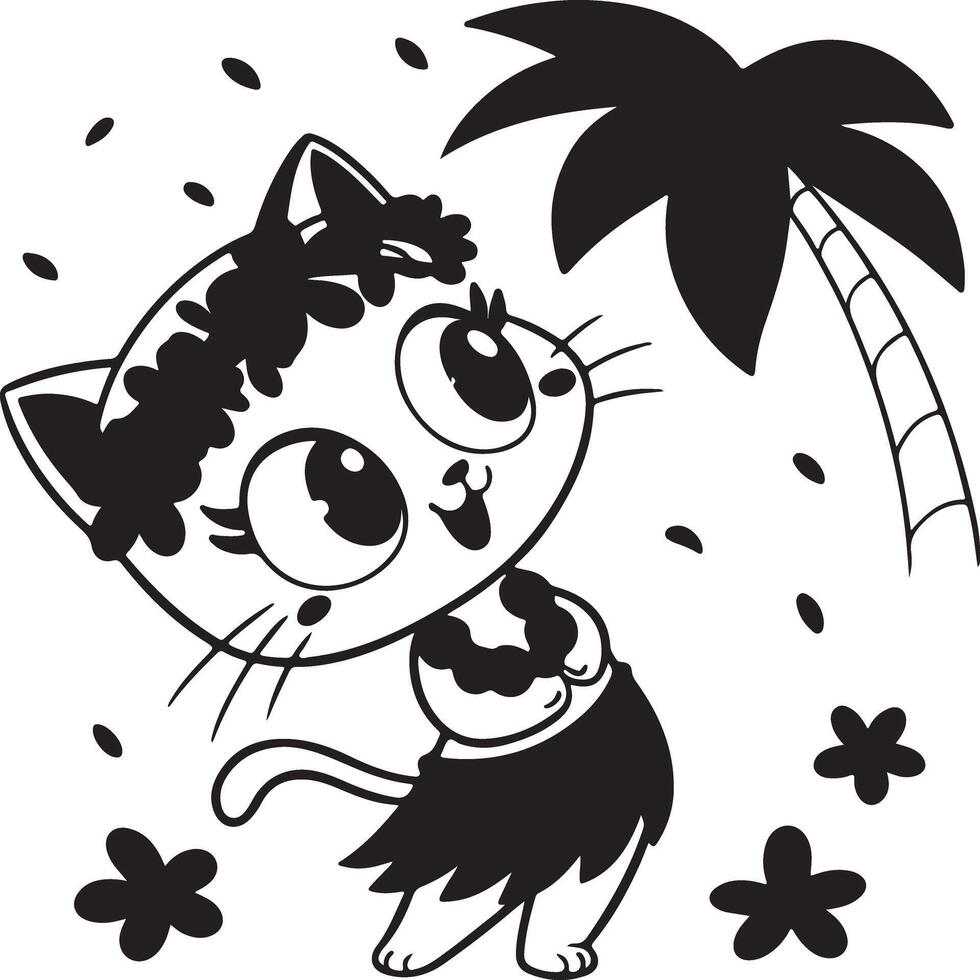 Adorable Cat in Hula Skirt Dancing Joyfully Under a Palm Tree on a Sunny Tropical Island vector