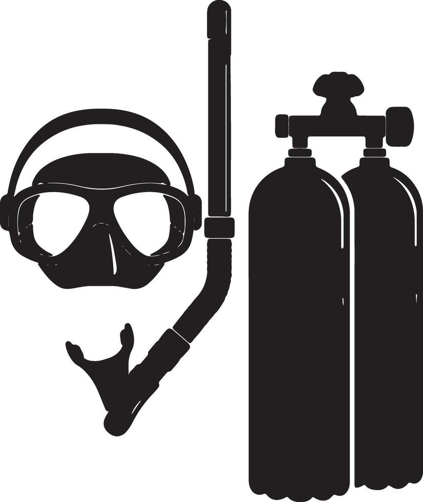 Dramatic Black Silhouette of Scuba Diving Gear Mask, Snorkel, and Tanks for Underwater Adventures - Professional digital artwork with vibrant colors and detailed composition vector