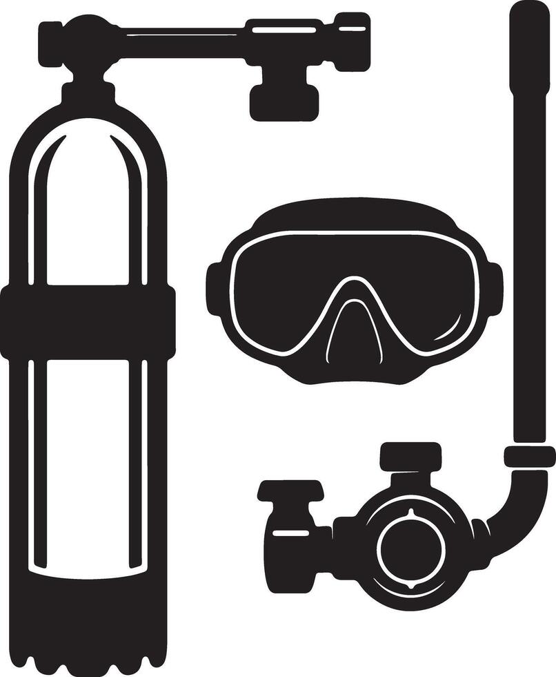 Stylish Scuba Diving Equipment Icons Black Silhouette of Oxygen Tank, Mask, Snorkel, and Regulator for Underwater Adventures vector