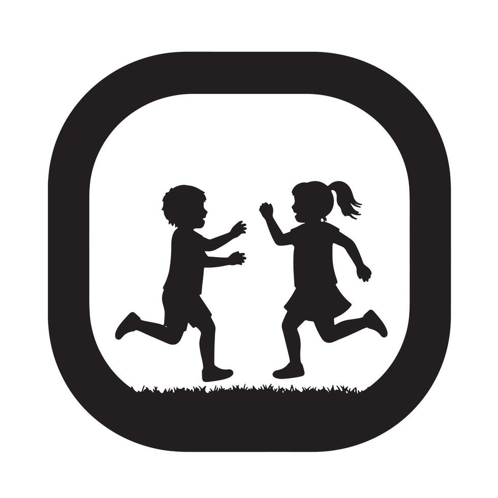 Joyful Children Playing Tag in a Park Silhouette Image of Happy Kids Running and Reaching in a Green Meadow vector