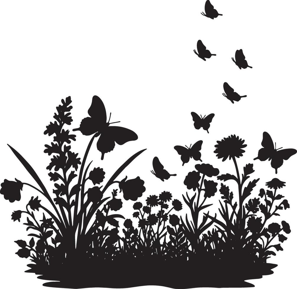 Serene Black Silhouette of Butterflies Dancing Among Wildflowers in a Peaceful Meadow - Professional digital artwork with vibrant colors and detailed composition vector