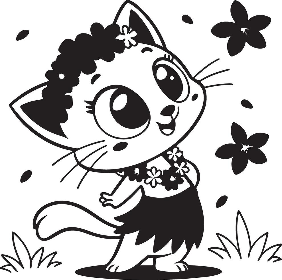 Adorable Happy Hawaiian Cat Dancing in Tropical Flowers, Cute Cartoon Coloring Page - Professional digital artwork with vibrant colors and detailed composition vector