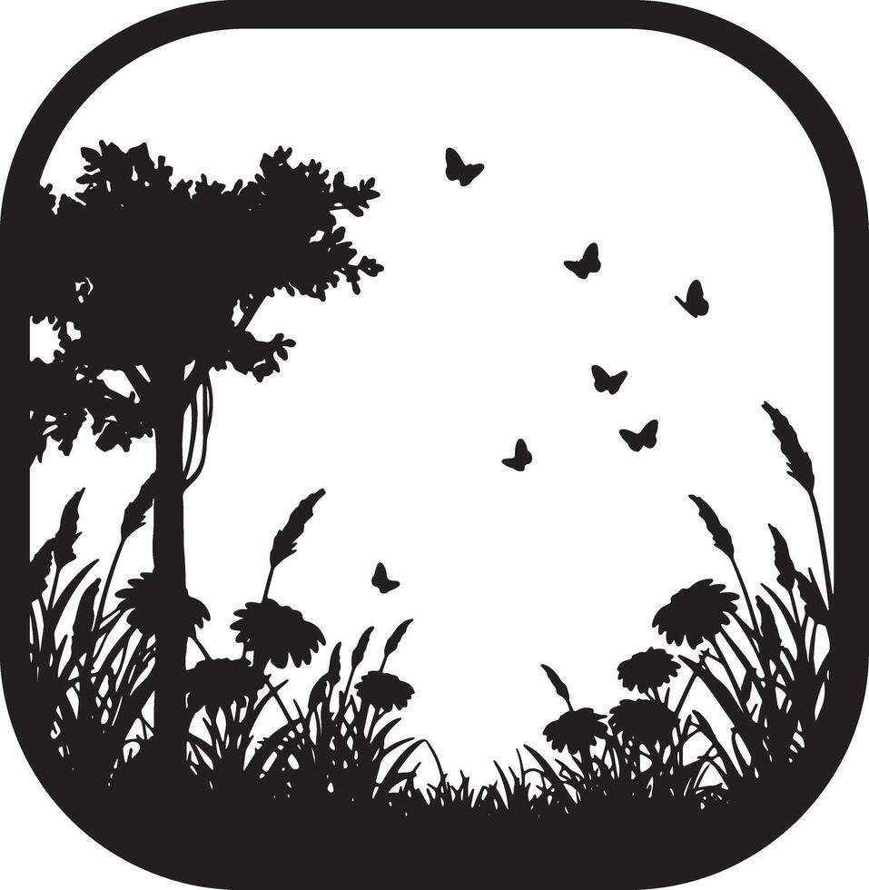 Serene Black and White Circular Design Silhouetted Butterflies Dancing Above a Peaceful Meadow of Flowers vector