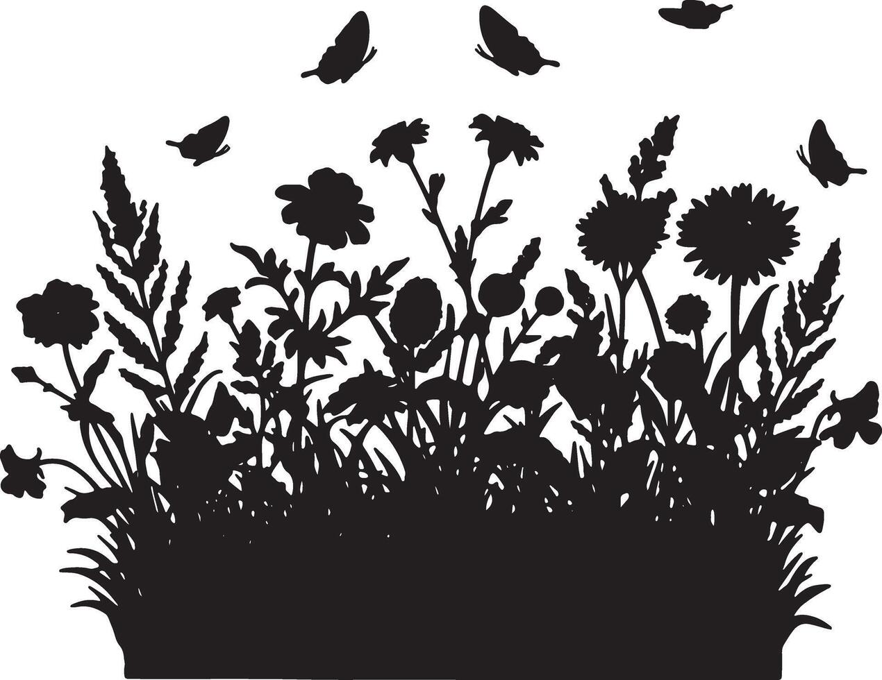 Silhouette of Wildflowers and Butterflies Dancing in a Summer Meadow, Peaceful Nature Scene vector
