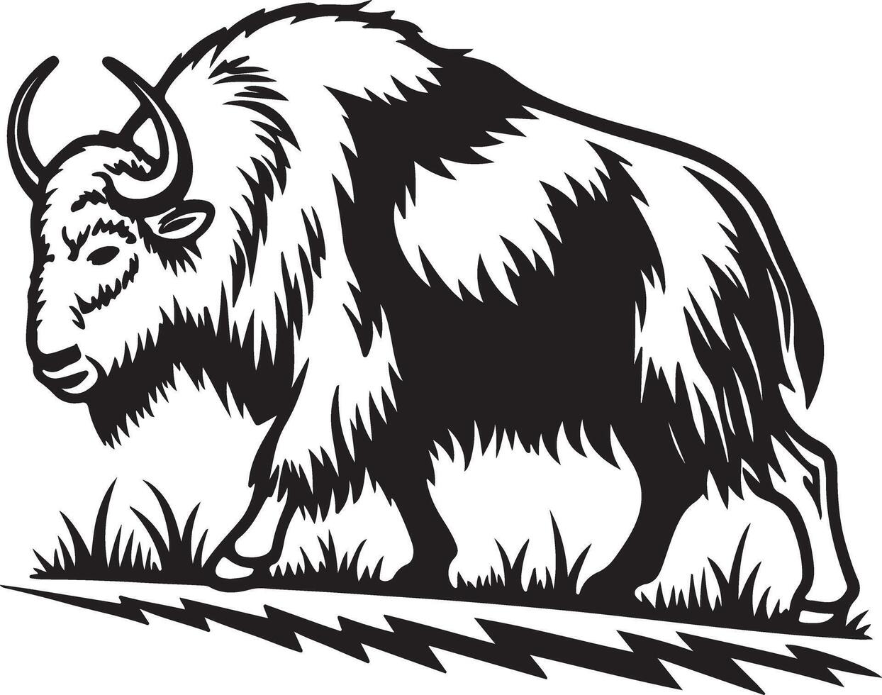 Majestic Yak Walking Through Grassland A Dramatic Black and White Illustration of a Powerful Himalayan Animal vector