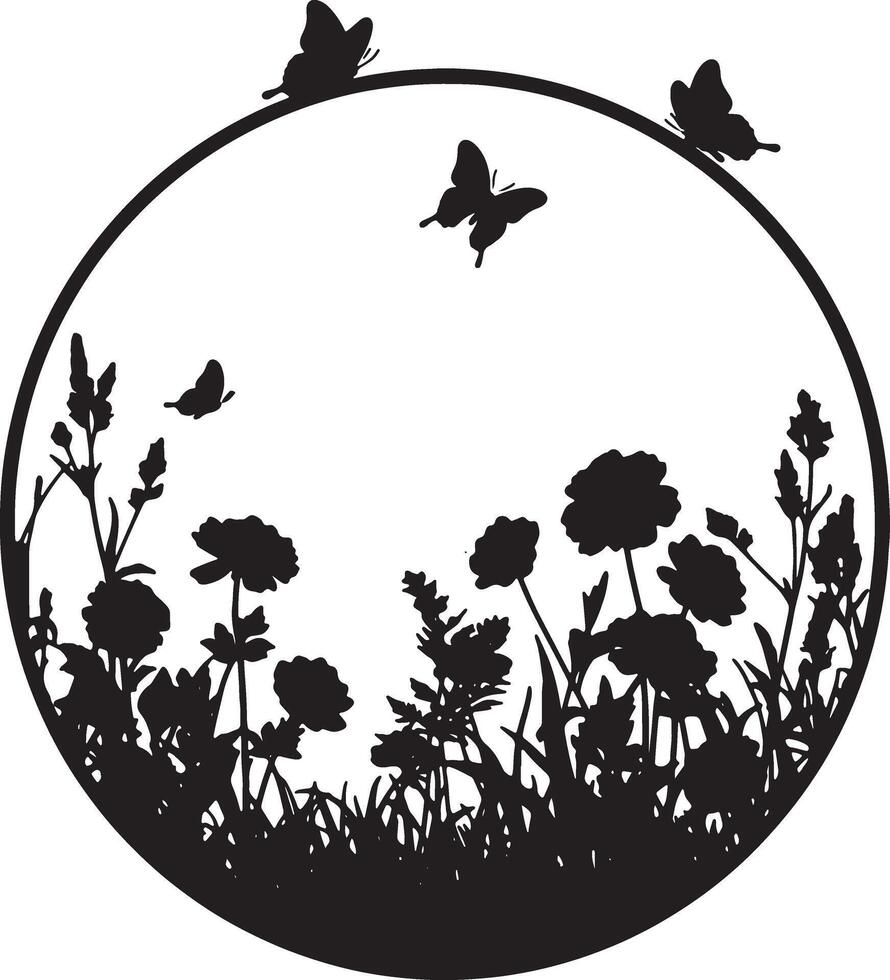 Serene Black and White Silhouette of Butterflies and Flowers in a Circular Garden Frame - Professional digital artwork with vibrant colors and detailed composition vector