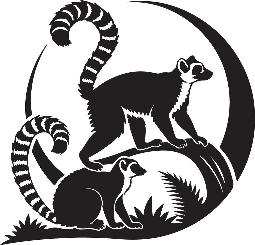 Two Ring-tailed Lemurs in a Serene Tropical Moonlit Night Silhouette Design - Professional digital artwork with vibrant colors and detailed composition vector