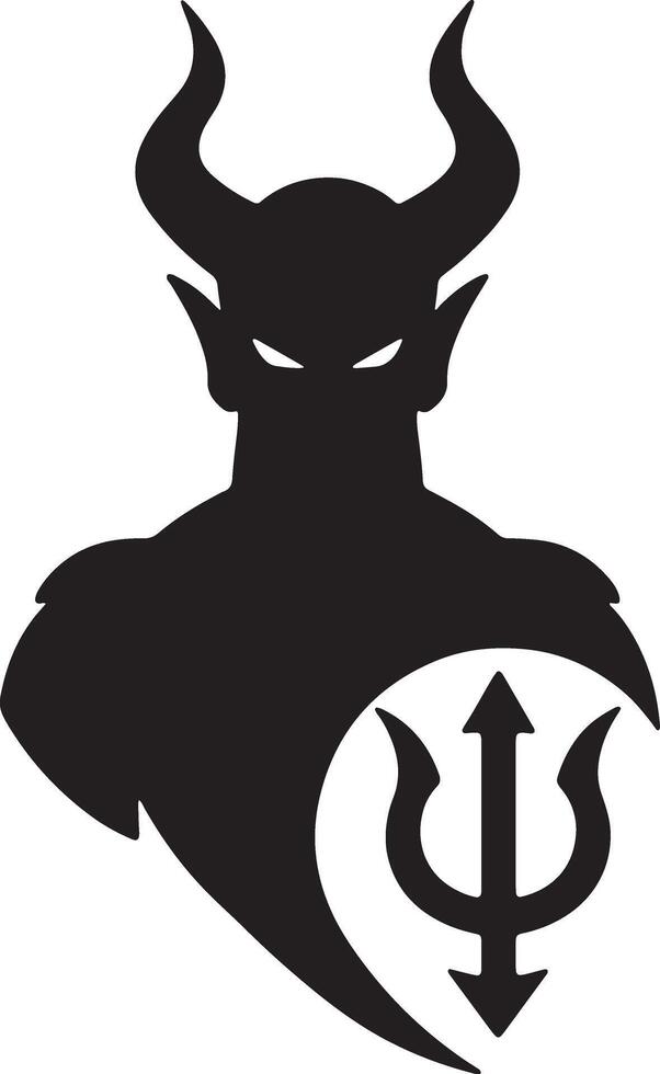 Menacing Devil Silhouette with Trident, Dark Fantasy Artwork, Mysterious and Ominous Illustration, Black and White Design vector