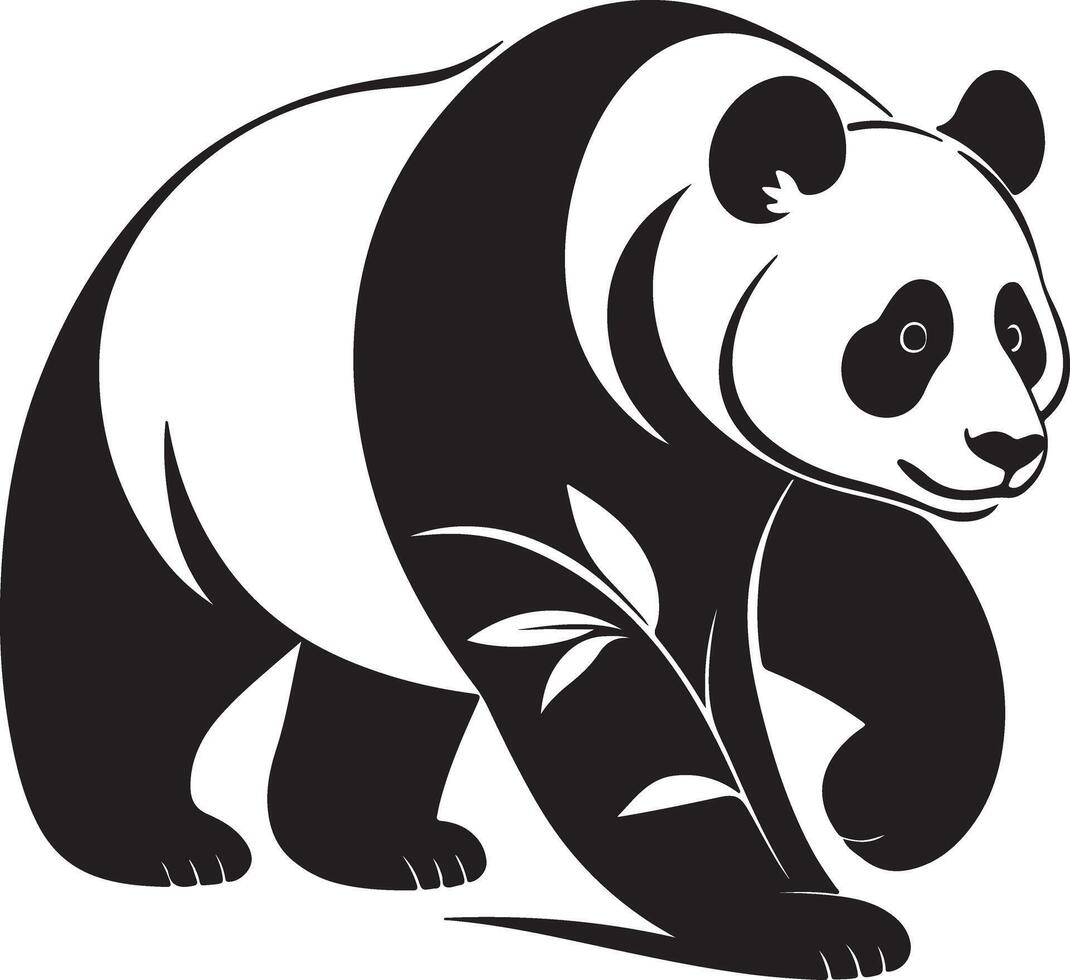 Majestic Panda Bear Silhouette Strolling Through Bamboo Forest, Serene Black and White Illustration - Professional digital artwork with vibrant colors and detailed composition vector
