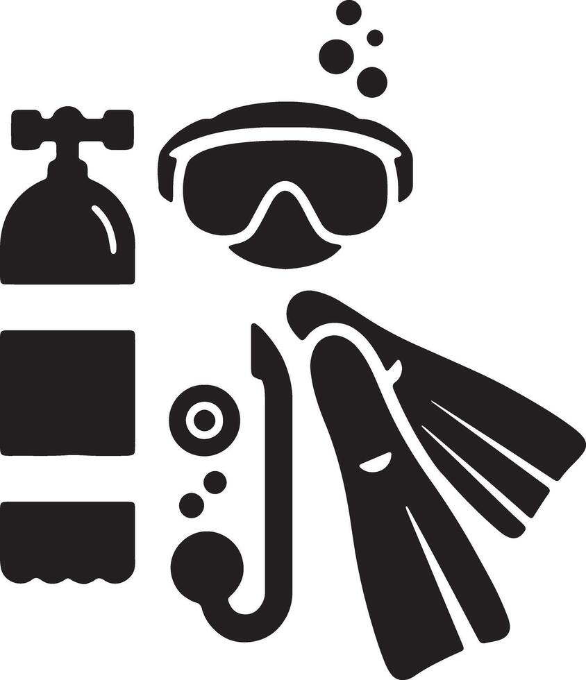 Serene Underwater Adventure Scuba Diving Gear Icon Set, Black Silhouette, Peaceful Ocean Dive - Professional digital artwork with vibrant colors and detailed composition vector