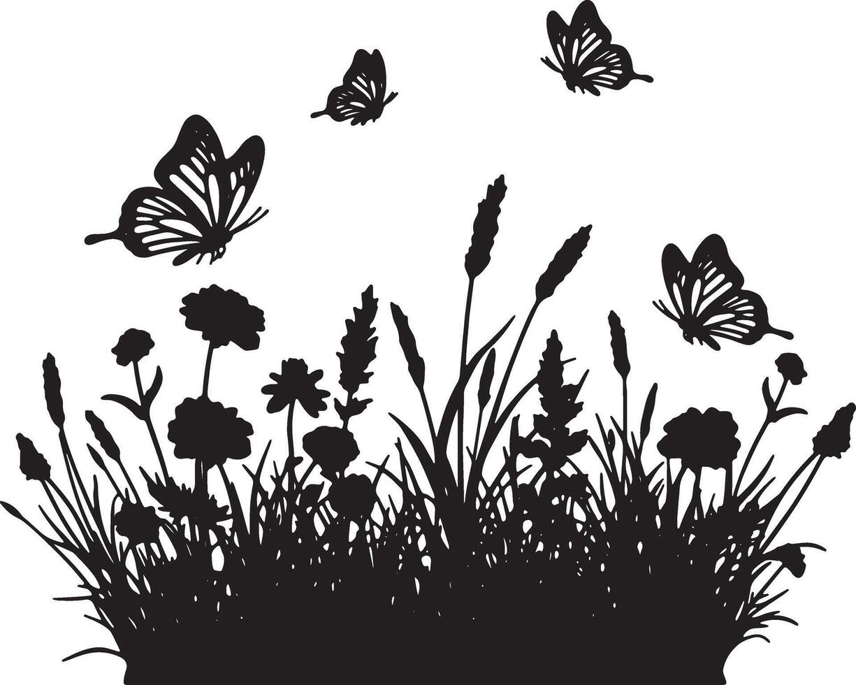 Serene Black Silhouette of Butterflies Dancing Amongst Wildflowers in a Lush Meadow - Professional digital artwork with vibrant colors and detailed composition vector