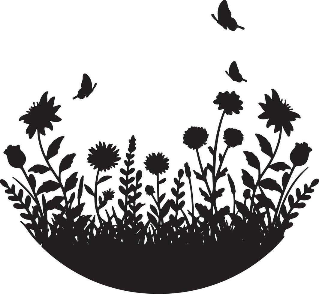 Serene Silhouette of Wildflowers and Butterflies in a Peaceful Meadow, Black and White Floral Design vector