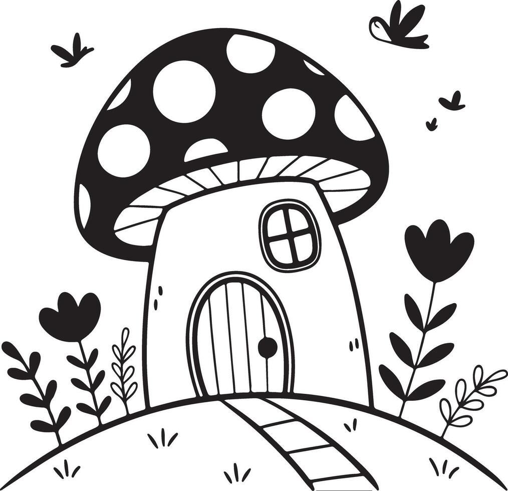 Adorable Black and White Illustration of a whimsical mushroom house nestled in a charming garden, featuring playful birds and flowers, creating a magical fairytale mood. vector
