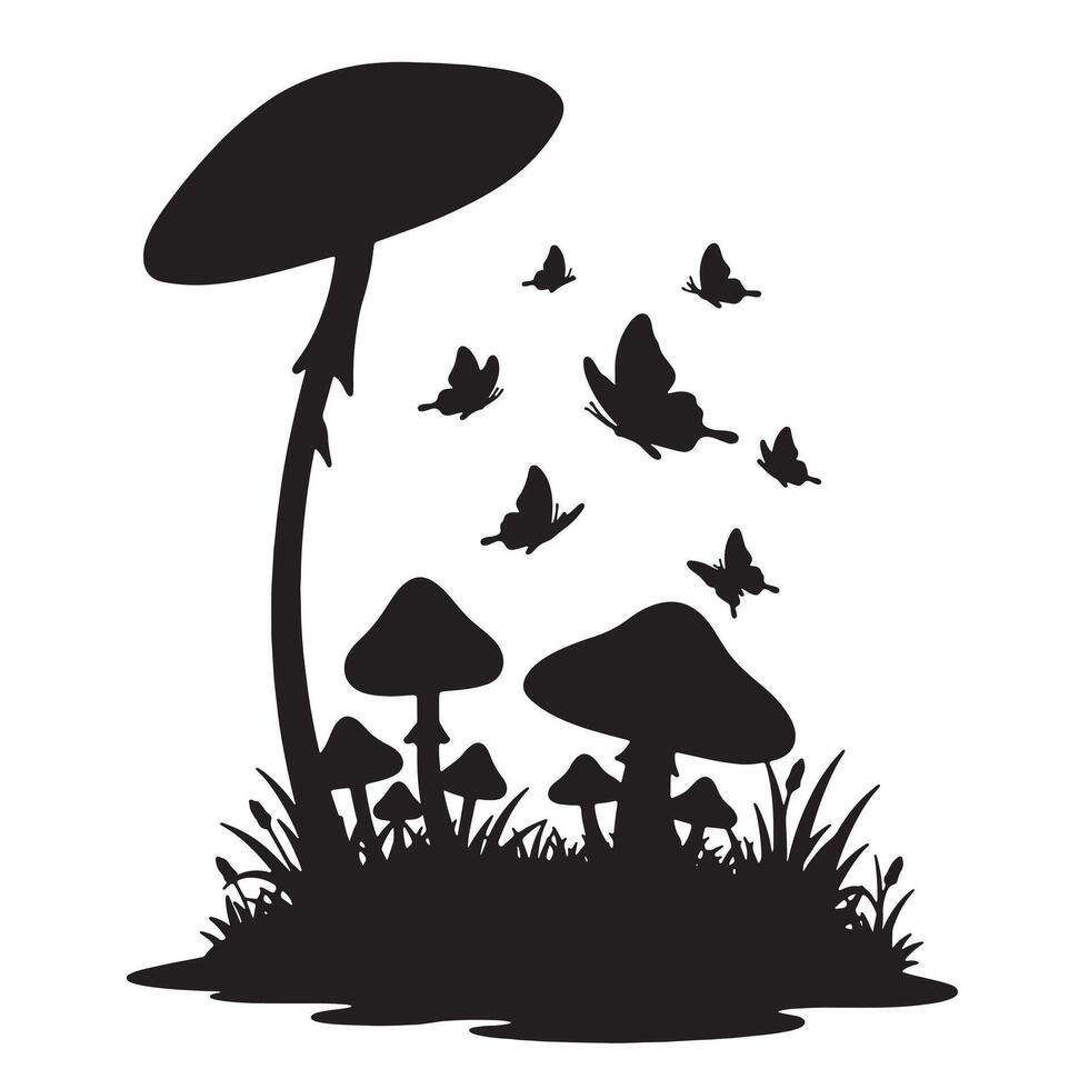Enchanting Silhouette of Mushrooms and Butterflies Dancing in a Mystical Forest Meadow - Professional digital artwork with vibrant colors and detailed composition vector