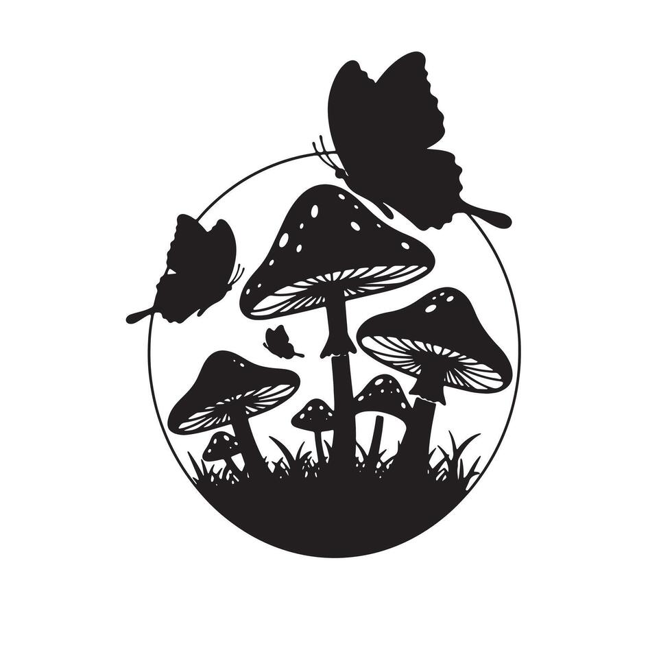 Enchanting Black and White Illustration of Mushrooms and Butterflies in a Mystical Forest Setting - Professional digital artwork with vibrant colors and detailed composition vector