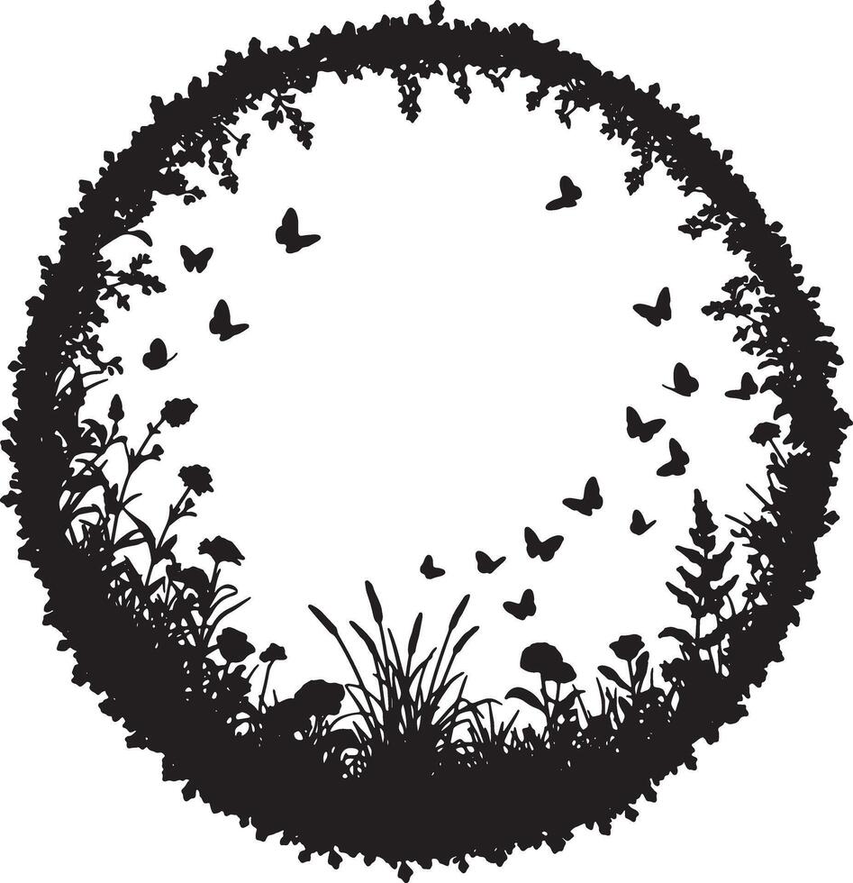 Serene Black Silhouette of a Circular Floral Wreath with Butterflies, Peaceful Garden Design, Nature-Inspired Artwork, Elegant Botanical Illustration vector