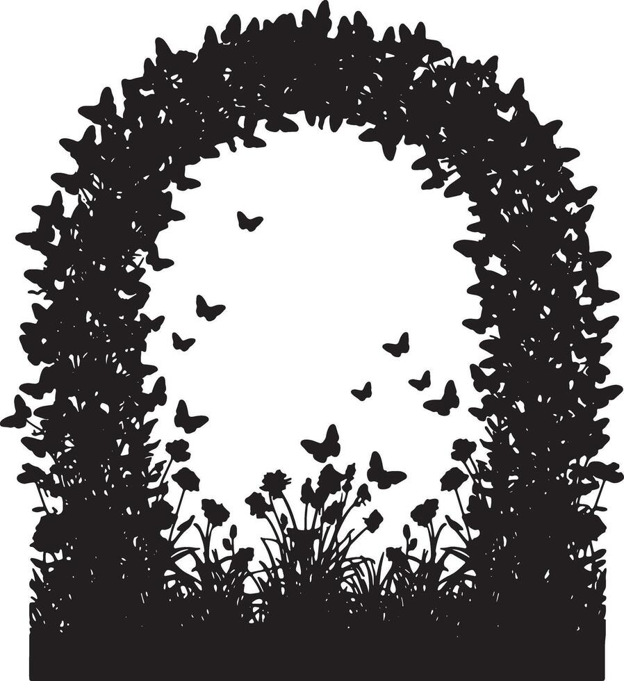 Serene Black and White Silhouette of a Butterfly Archway in a Lush Garden, Evoking a Peaceful Mood vector