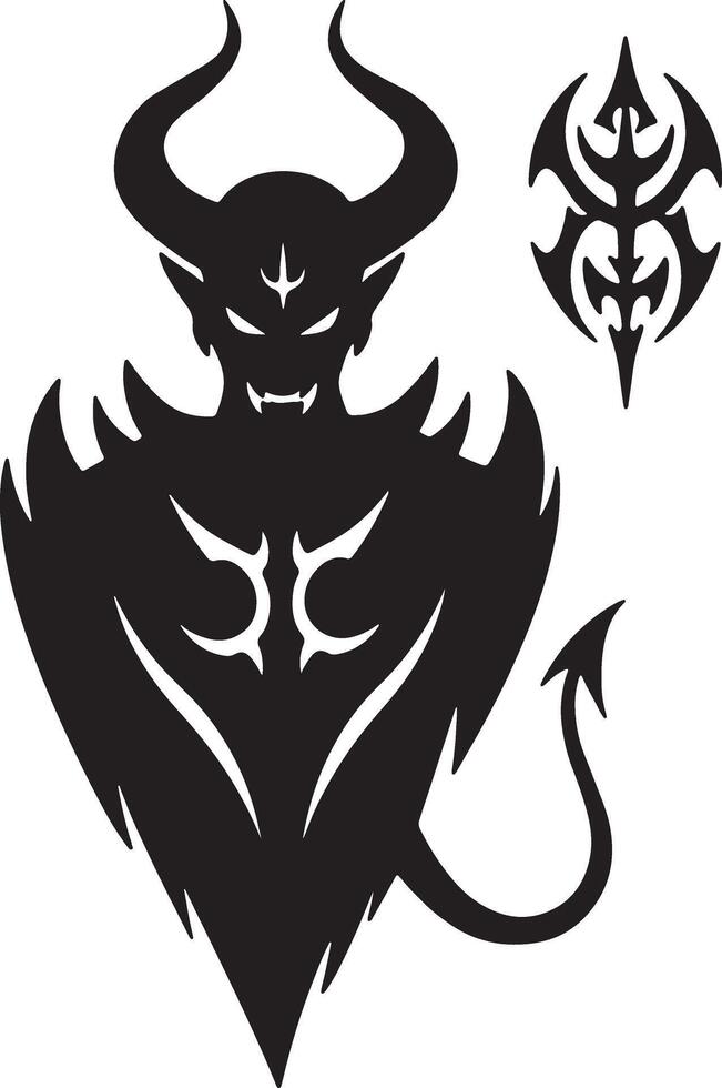 Menacing Devil Silhouette with Tribal Design, Dark Fantasy Art, Gothic Style Illustration, Mysterious and Ominous Mood vector