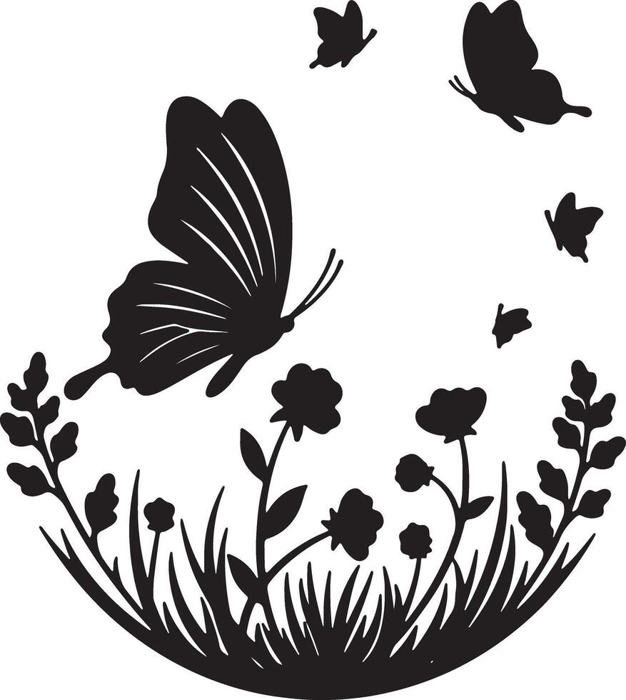 Serene Black Silhouettes of Butterflies Dancing Gracefully Amongst Wildflowers in a Peaceful Meadow - Professional digital artwork with vibrant colors and detailed composition vector