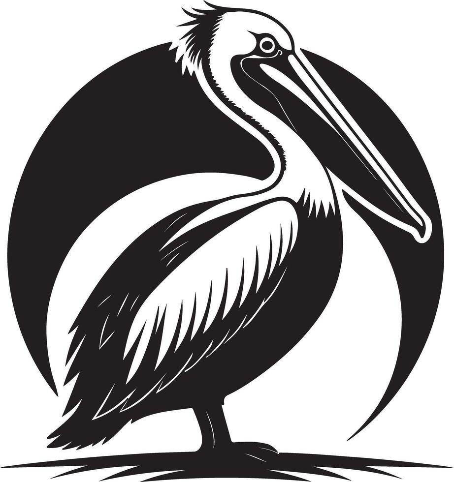 Majestic Brown Pelican Standing Proud Against a Dark Moon, Coastal Bird Illustration, Serene Beach Scene vector