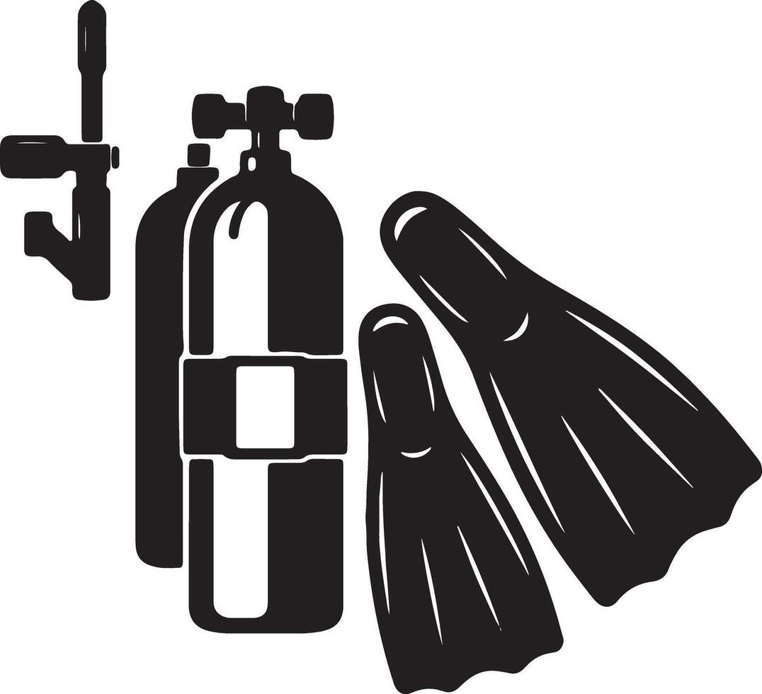 Dramatic Black and White Illustration of Scuba Diving Gear Oxygen Tanks, Regulator, and Flippers, Ready for Underwater Adventure vector