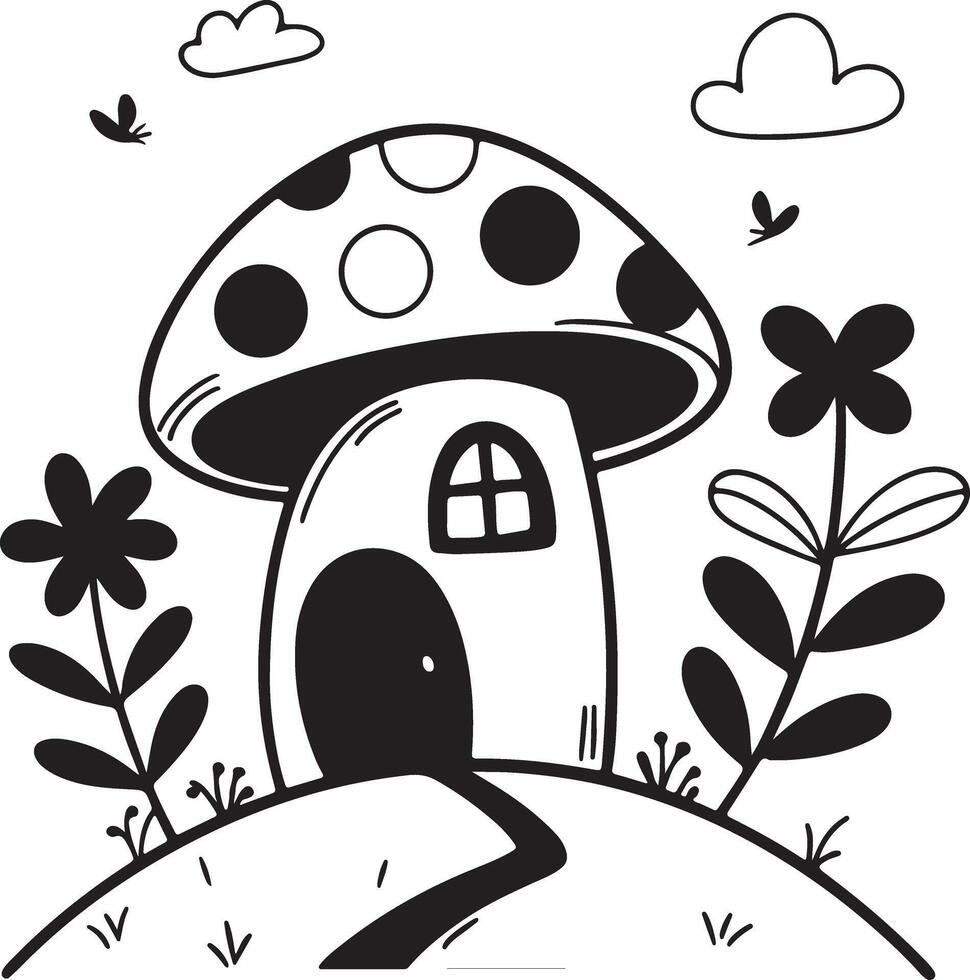 Charming Black and White Illustration of a Cute Mushroom House in a Whimsical Garden Setting vector