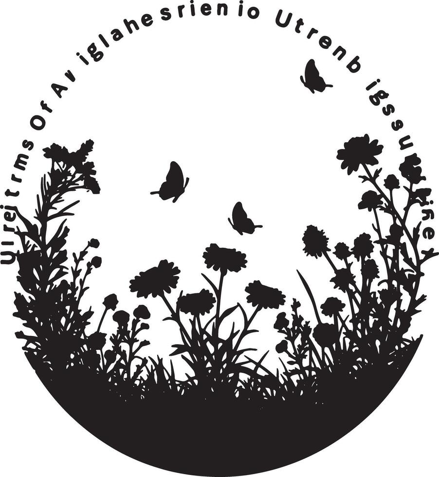 Serene Black and White Silhouette of Wildflowers and Butterflies in a Circular Meadow, Peaceful Nature Scene vector