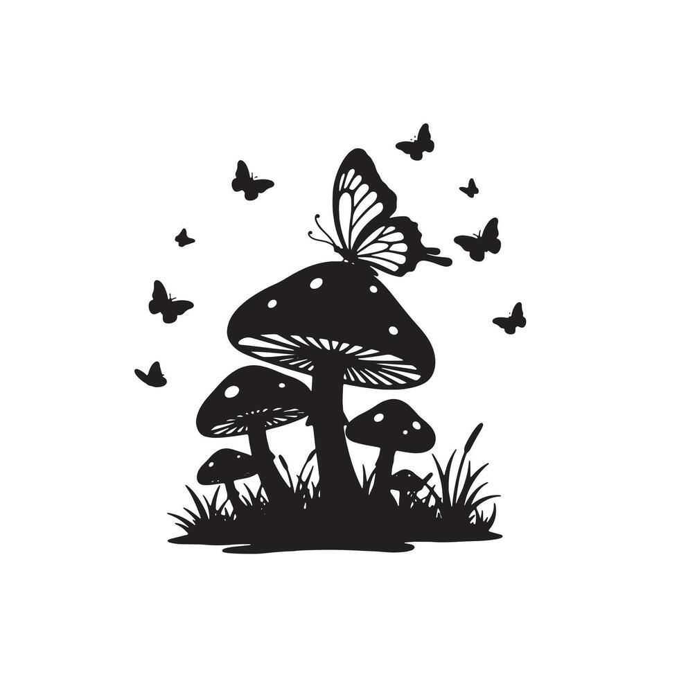 Enchanting Silhouette of Mushrooms and Butterflies in a Serene Forest Setting, a Dreamy Black and White Illustration vector