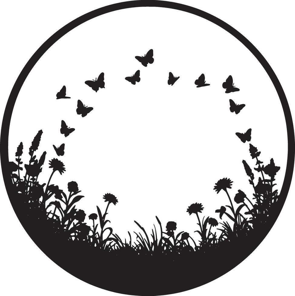 Serene Black and White Circular Design Silhouetted Butterflies Dancing Around Spring Wildflowers in a Peaceful Meadow vector