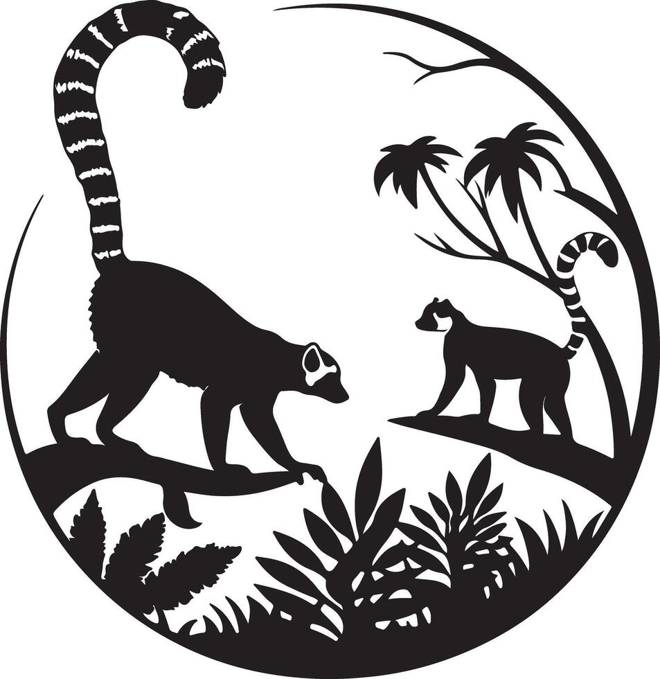 Majestic Lemurs in Tropical Paradise A Serene Black and White Silhouette Illustration of Ring-Tailed Lemurs Amidst Lush Jungle Foliage and Palm Trees vector