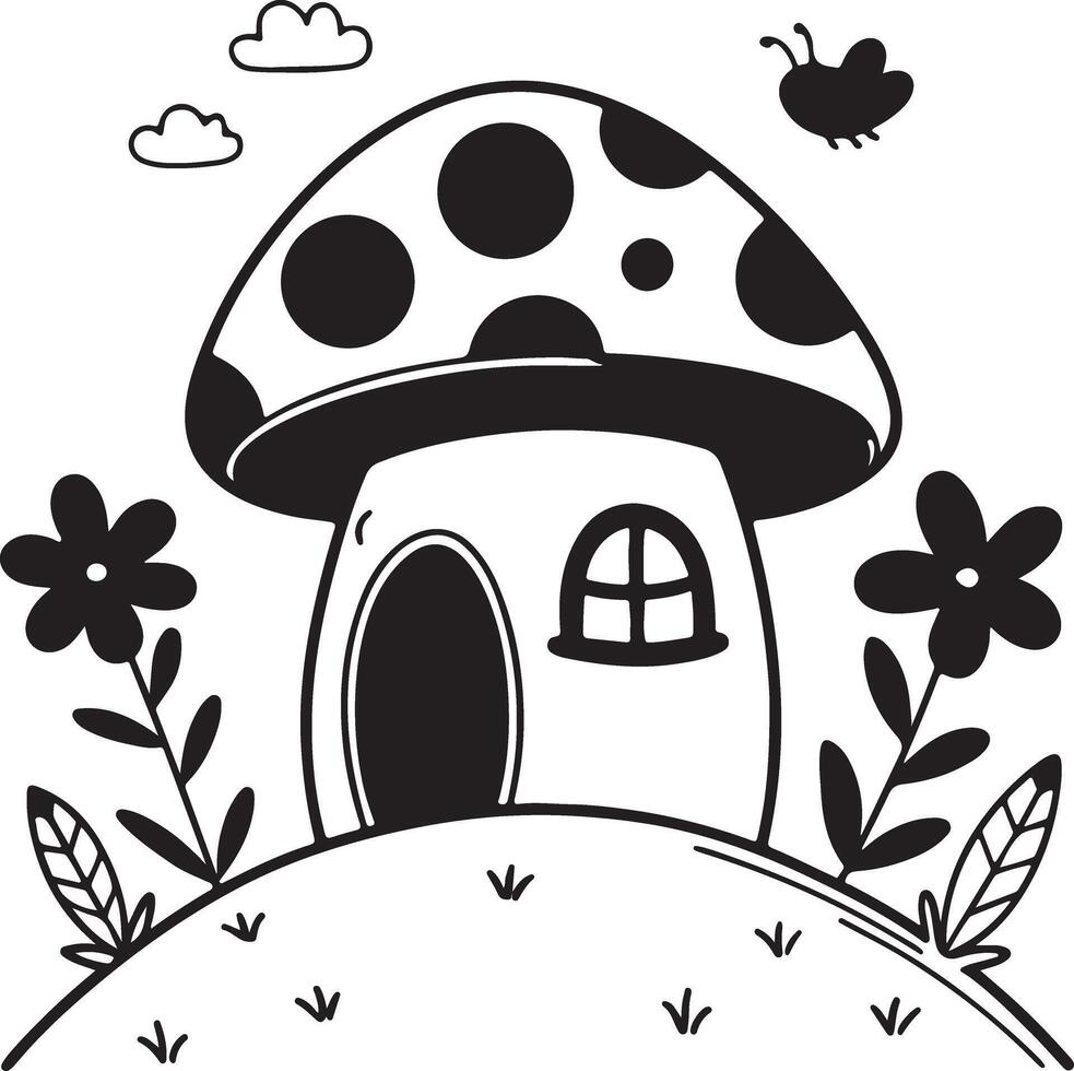 Adorable Black and White Mushroom House Illustration Charming Cottage in a whimsical Flower Garden Setting vector