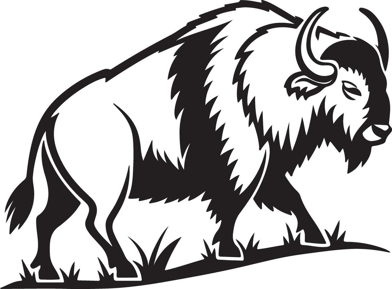 Majestic American Bison Silhouette, Powerful Wild Animal Roaming Serene Prairie Grasslands, Dramatic Black and White Illustration vector