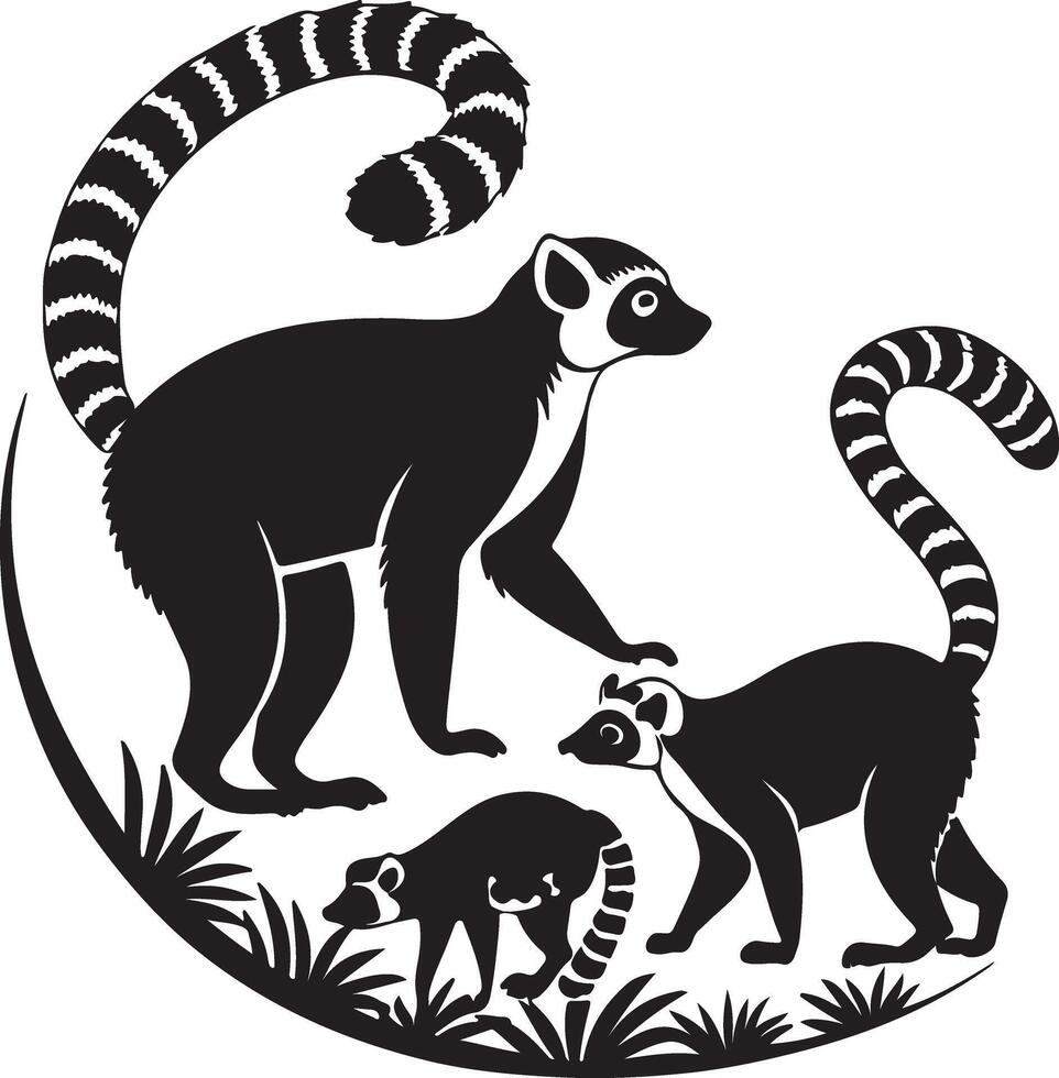 Majestic Ring-Tailed Lemurs in Tropical Habitat A Stylish Black and White Illustration - Professional digital artwork with vibrant colors and detailed composition vector