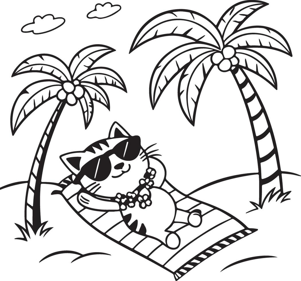 Cool Cat Relaxing on Tropical Beach A Serene Coloring Page Featuring a Happy Feline Sunbathing Under Palm Trees vector