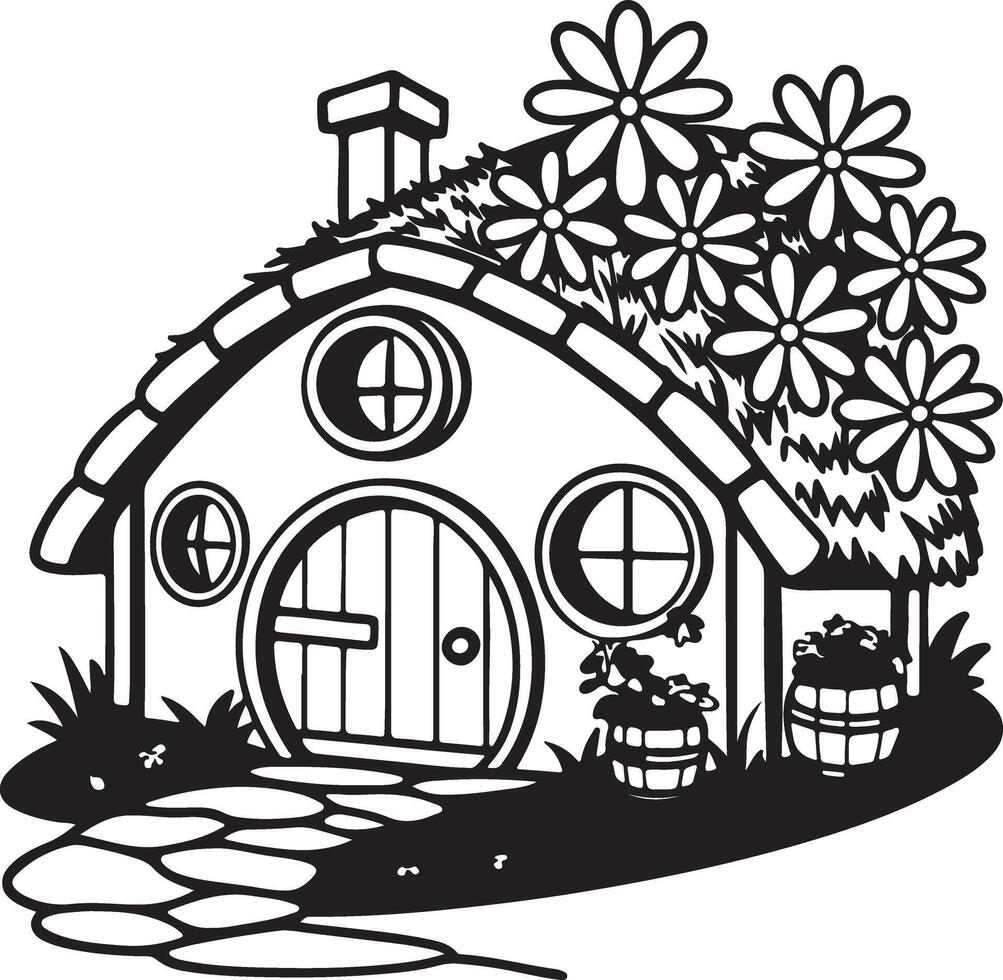Charming Black and White Illustration of a whimsical fairytale Hobbit house nestled in a flower garden, evoking a sense of peace and wonder. vector