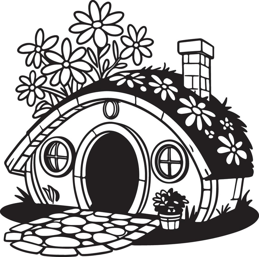 Charming Black and White Illustration of a Flower-Covered Hobbit House in a Magical Setting - Professional digital artwork with vibrant colors and detailed composition vector