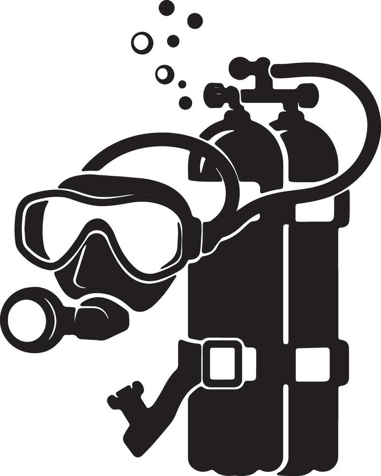 Serene Underwater Exploration Dive Mask and Oxygen Tanks in Stylish Black Silhouette - Professional digital artwork with vibrant colors and detailed composition vector